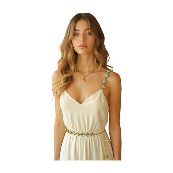 Women's Gold Metal Mesh Waist Belt – Silver Square Beads – Skinny Waistband S M - Picture 13 of 17